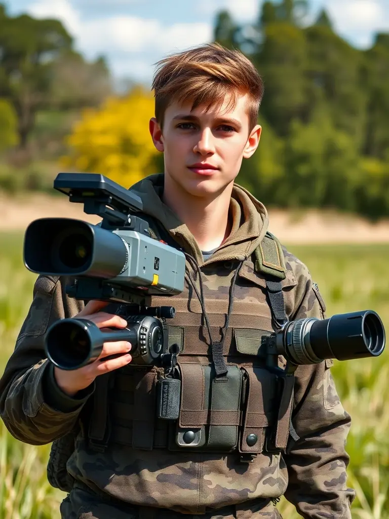 A portrait image of a student using advanced surveillance equipment during a field training exercise, highlighting the practical application of surveillance skills taught at Miğfer Akademi.