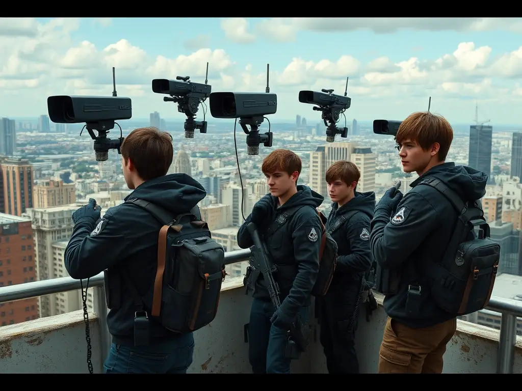 A high-resolution image depicting a group of Miğfer Akademi students participating in a simulated intelligence gathering exercise in a realistic urban environment. The students are using advanced surveillance equipment and communicating effectively as a team.