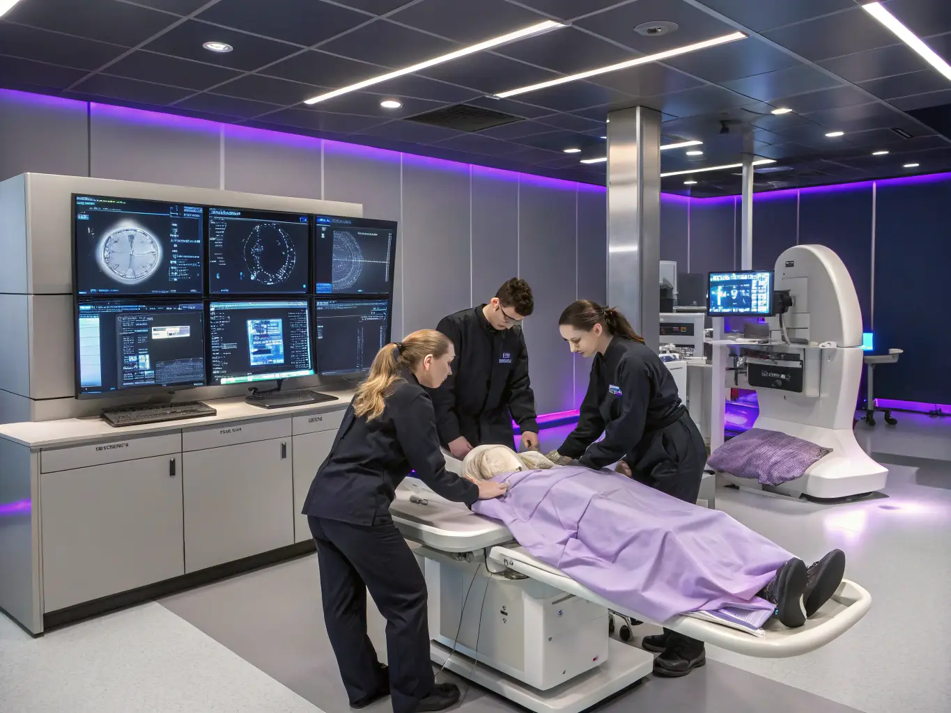 Interior of the state-of-the-art simulation center, showing students engaged in a virtual reality training exercise.