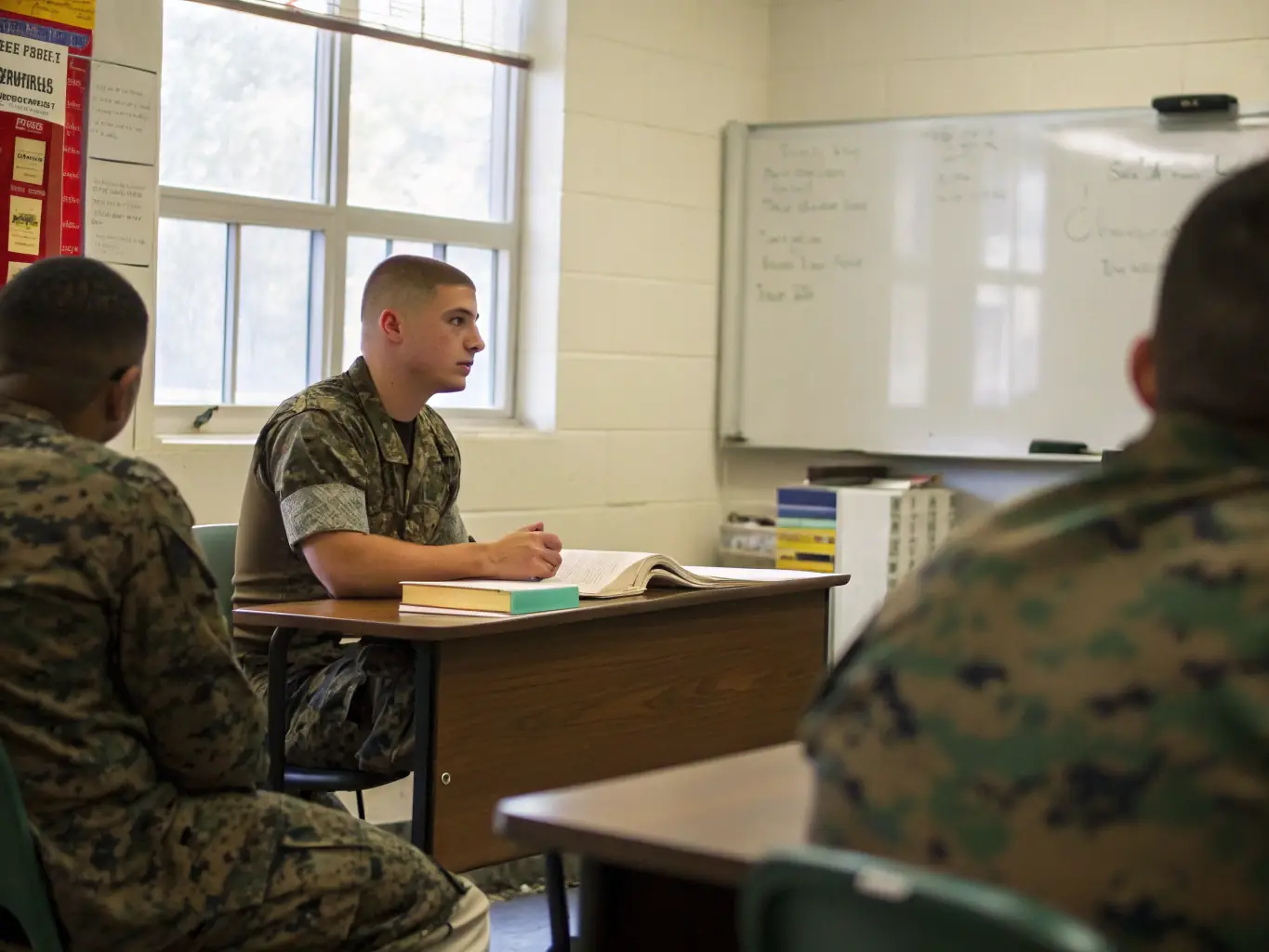 A photograph showcasing a Miğfer Akademi instructor leading a classroom session on data analysis techniques. The instructor is using a whiteboard to illustrate complex concepts, and the students are actively engaged in the discussion.