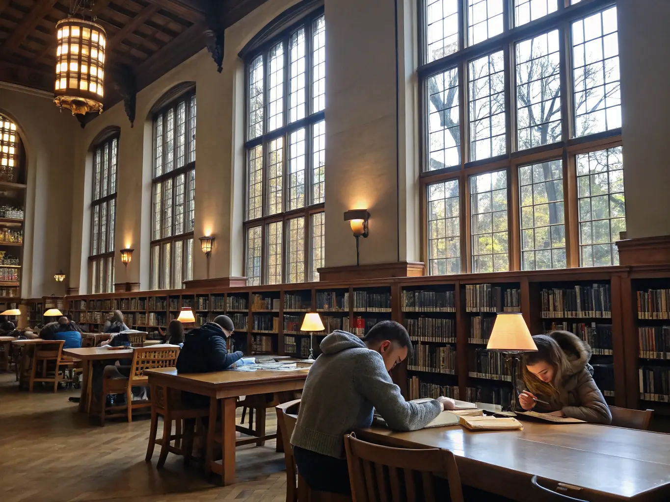 A well-stocked research library with students studying intelligence-related materials.