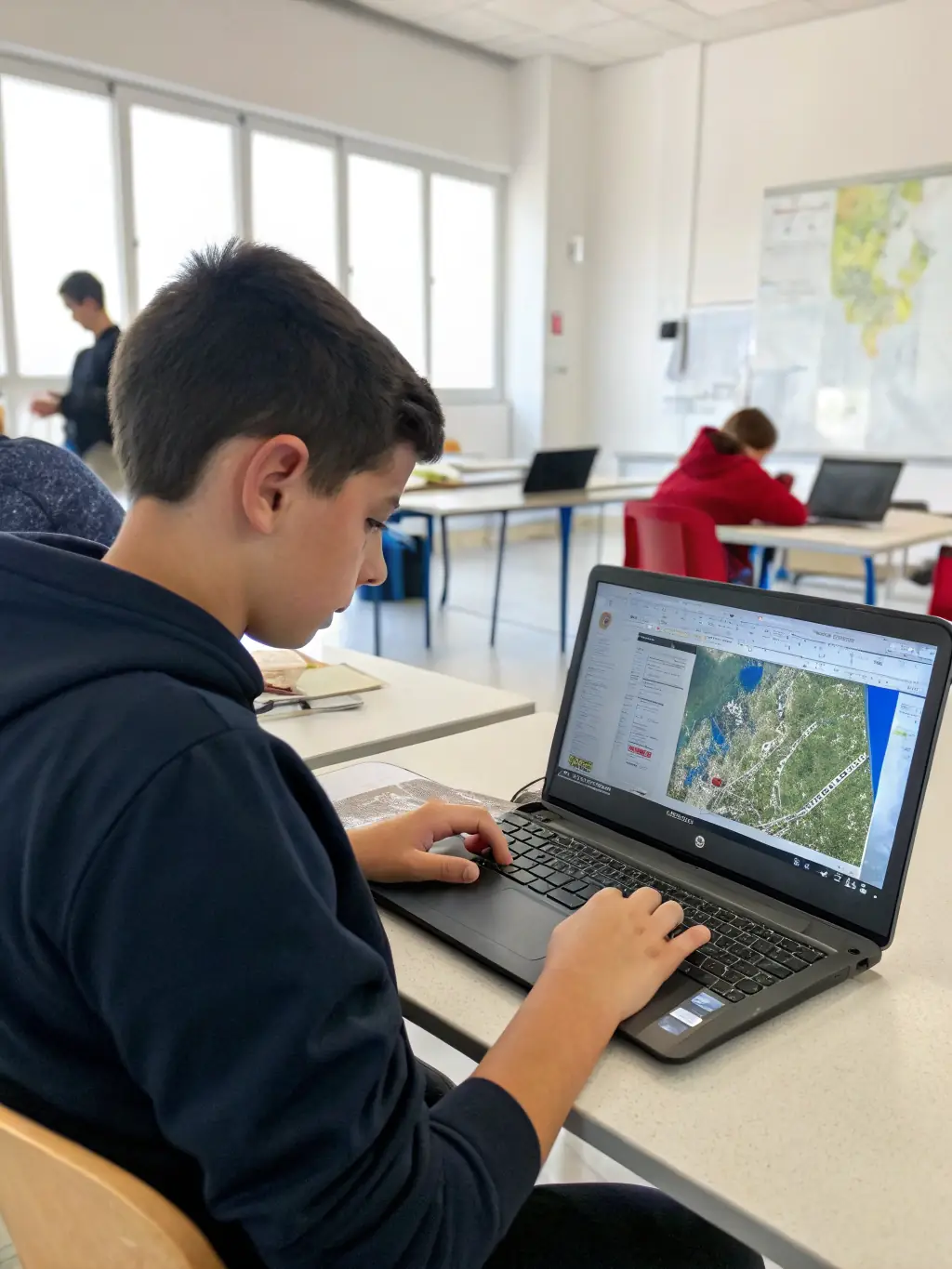 A portrait image capturing a student intensely focused on a computer screen, analyzing complex data sets during a cyber intelligence training session at Miğfer Akademi.
