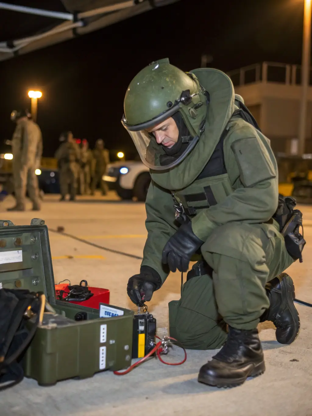 A focused portrait shot of a student in tactical gear skillfully disarming a simulated explosive device during a training exercise at Miğfer Akademi, showcasing the practical skills taught in the program.
